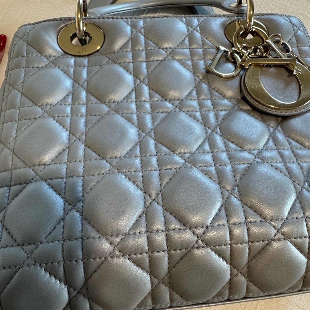 Dior LADY DIOR Medium Metallic Gray Quilted Bag - Authentic - Picture 10 of 14